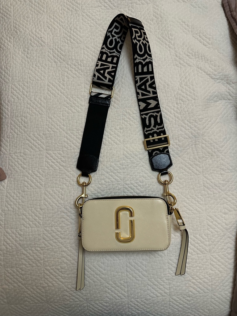Marc Jacobs Cream Snapshot Crossbody With Black Branded Strap